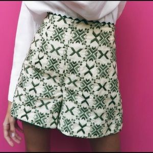 Zara Green and White Embroidered Shorts